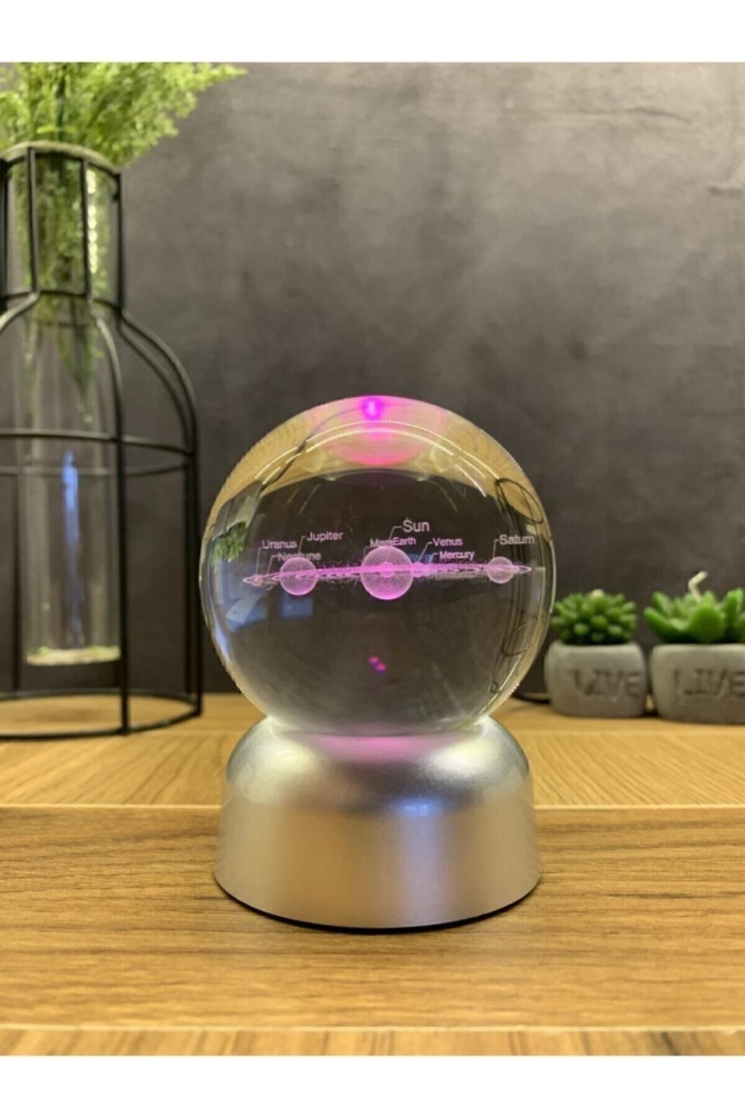 Güneş Sistemi Tasarımlı Işıklı Cam Küre Merkür, Venüs, Dünya, Mars, Jüpiter, Satürn, Uranüs , Neptün