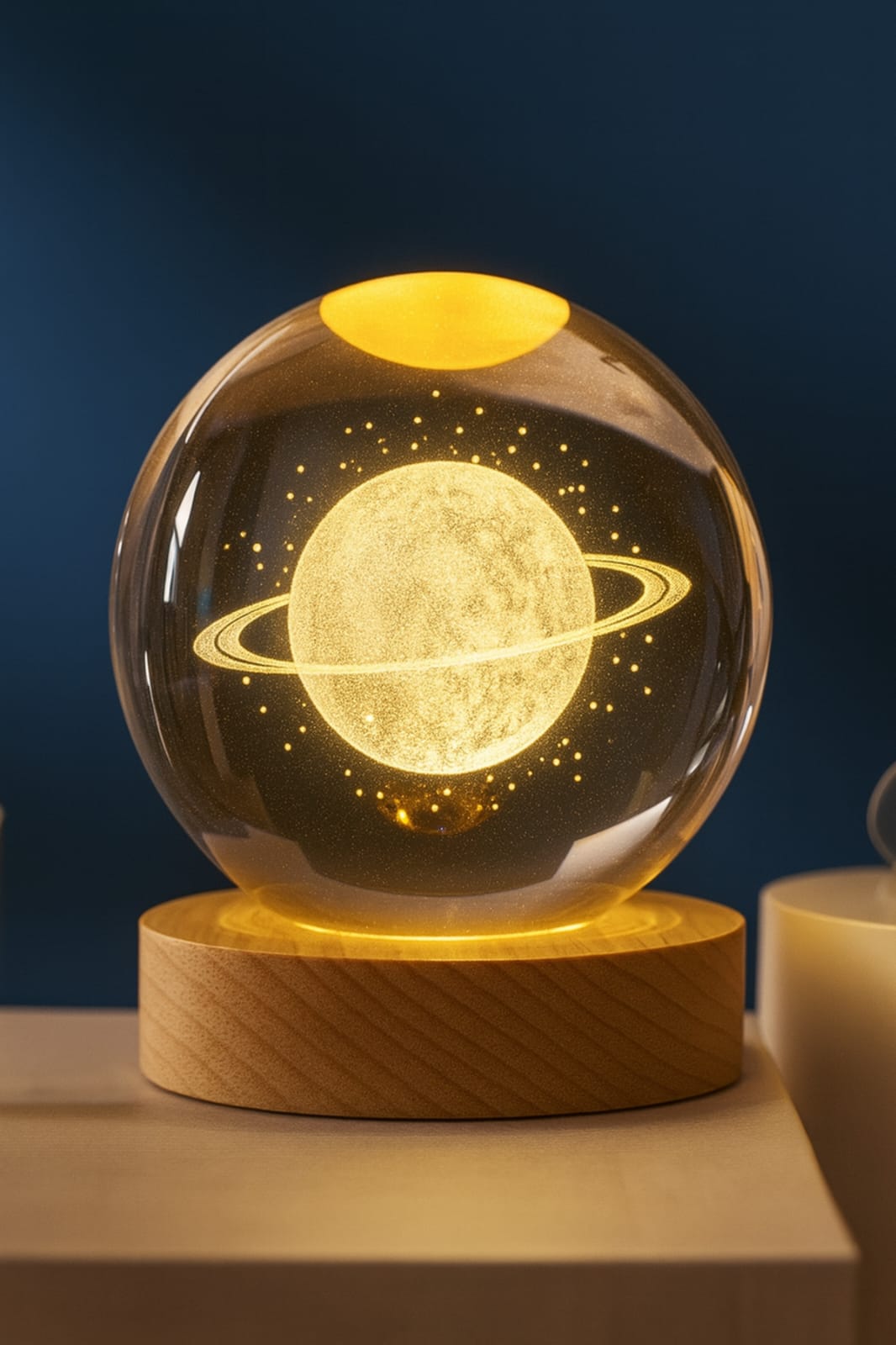 Ahşap Tabanlı Satürn Figürlü Kristal Küre – LED Işıklı Romantik Dekor